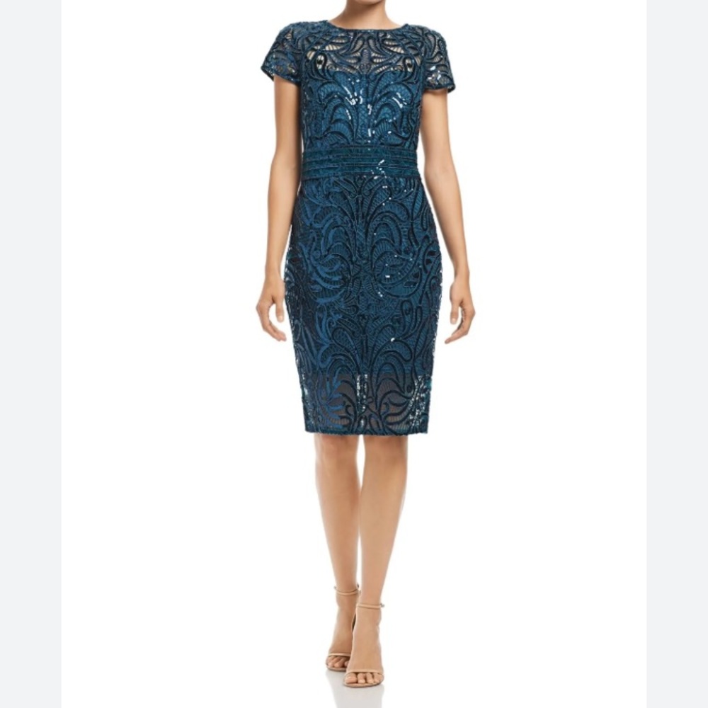 Taadashi Shoji knee-length cap-sleeve sequin cocktail dress (teal)- never worn